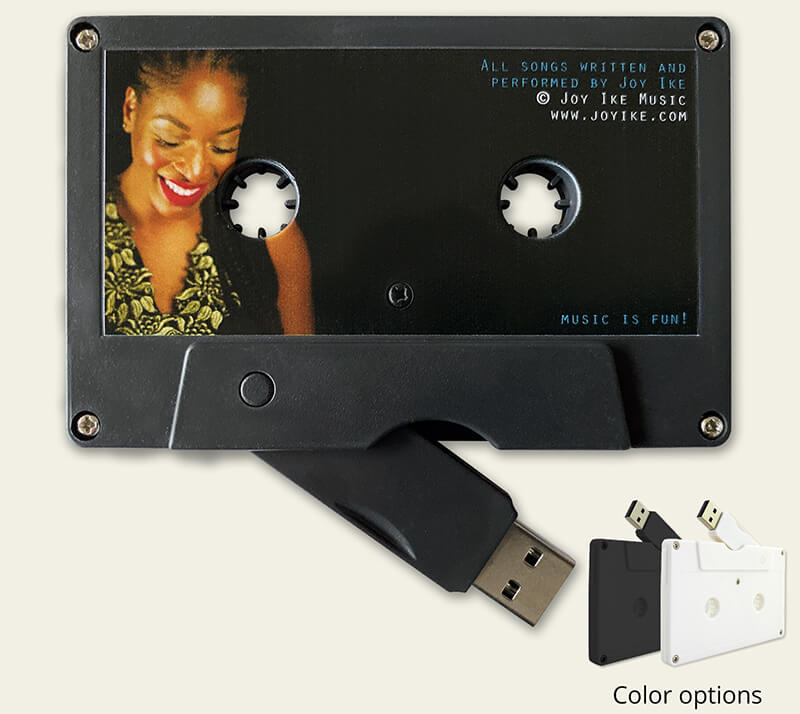 Custom cassette flash drives with label artwork.